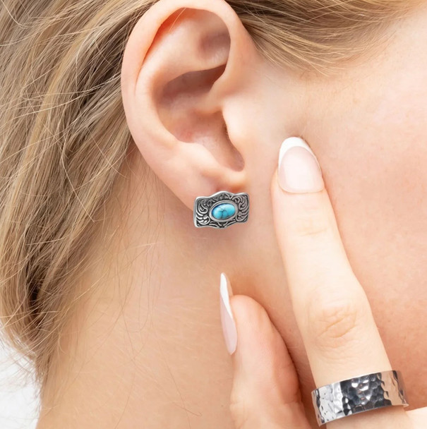 Stainless Steel Turquoise Stone Buckle Stud Earrings Nickel Free Trendy Bohemian
