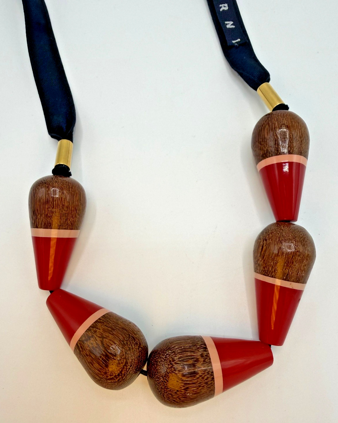 MARNI High Gloss Wooden Bead D-Ring Ribbon Necklace, COSUELO CASTIGLIONI Era VTG