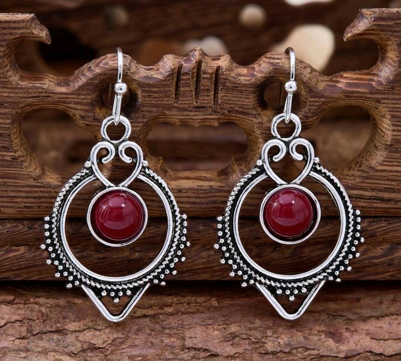 Boho Circle Dangle w/Heart Cutout Red Gemstone French Hook Earrings Approx 1.5″L