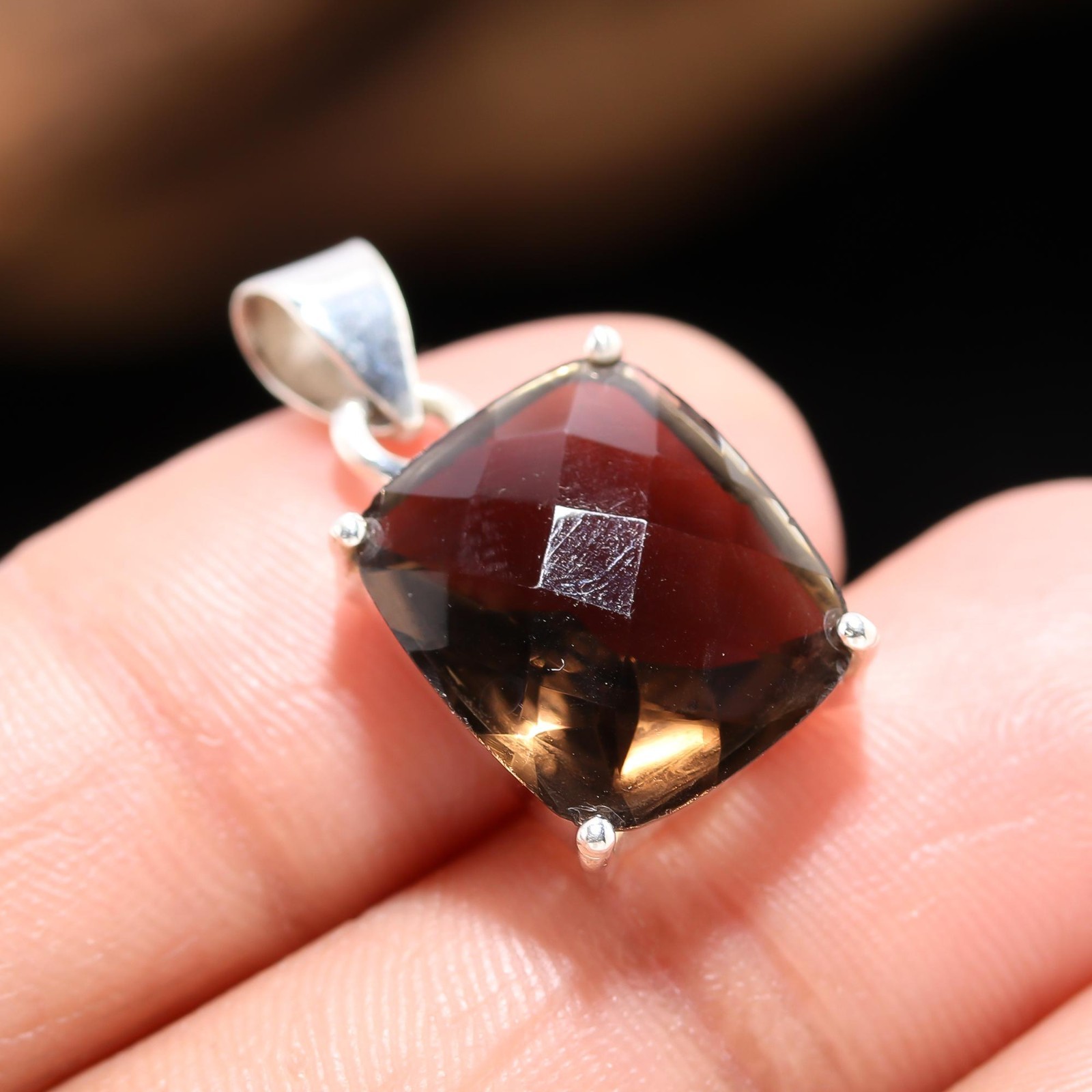 Natural Smoky Quartz Cushion Chain Pendant 925 Sterling Silver Handmade Jewelry