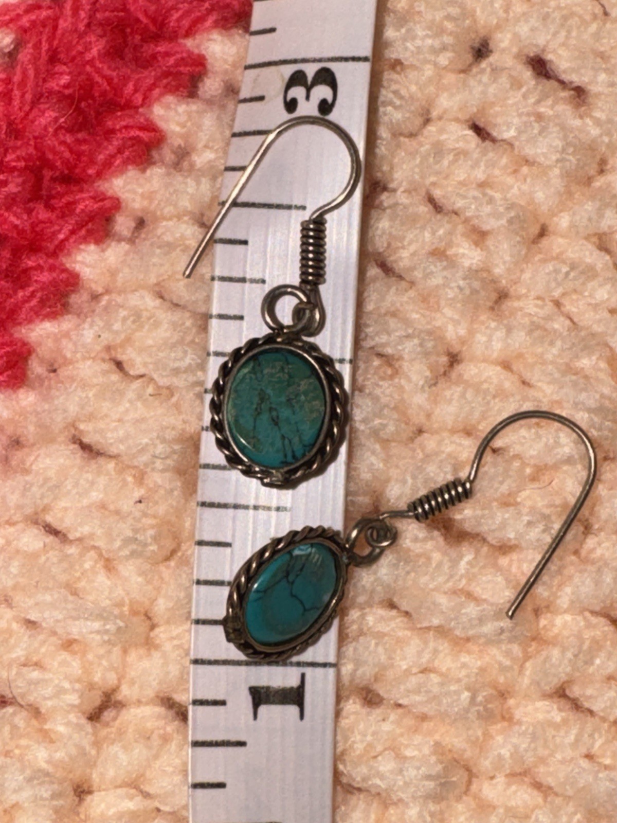 Silver Tone Oval Blue Turquoise Cabochon Bezel Set Dangle Hook Earrings 1.5 in