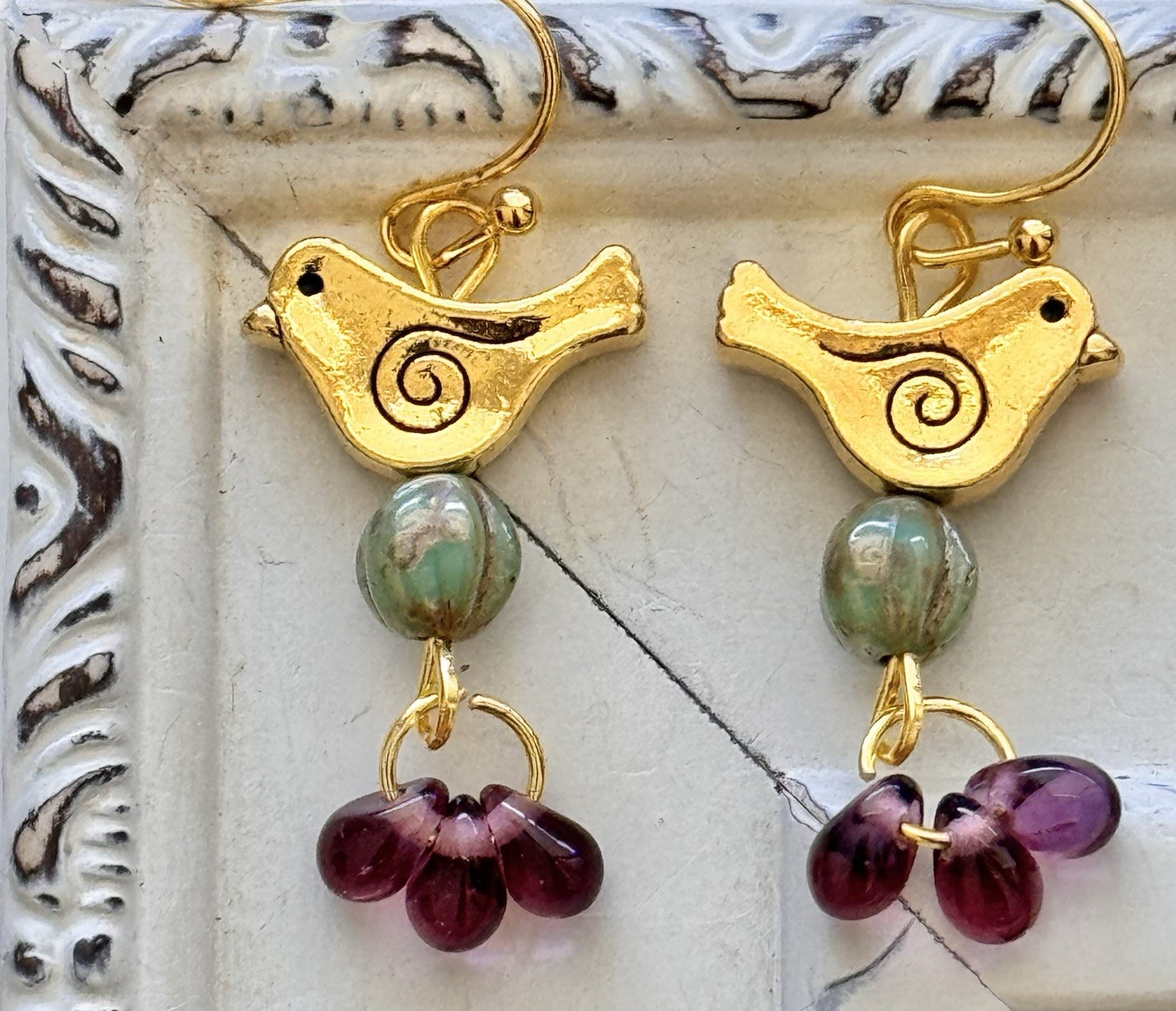 Sweet Gold Birds with Purple and Green Teardrop Bead Dangle Earrings