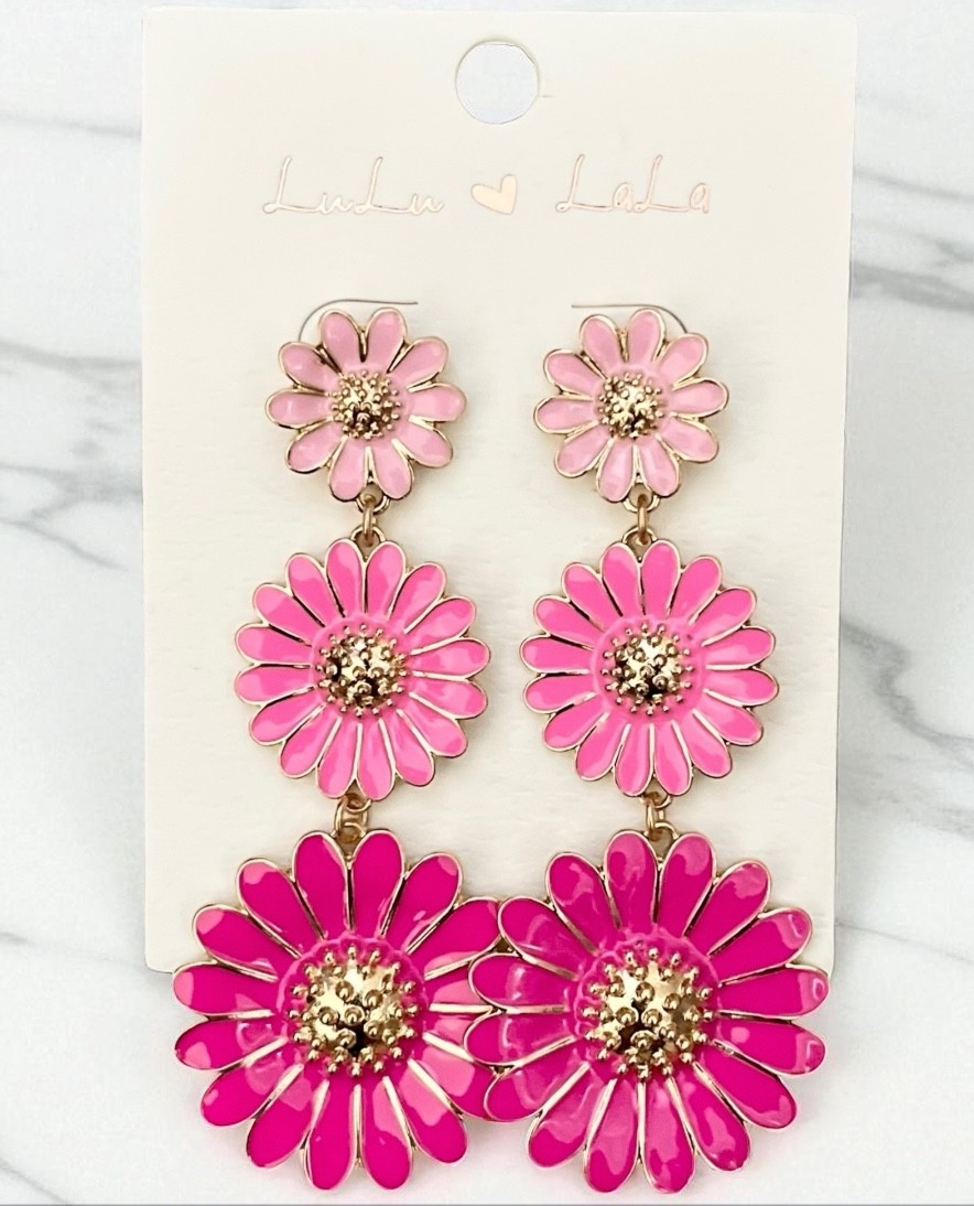 3.25″ Long Pink Fuchsia Flowers Linear Statement Big Enamel Earrings Pierced Ear