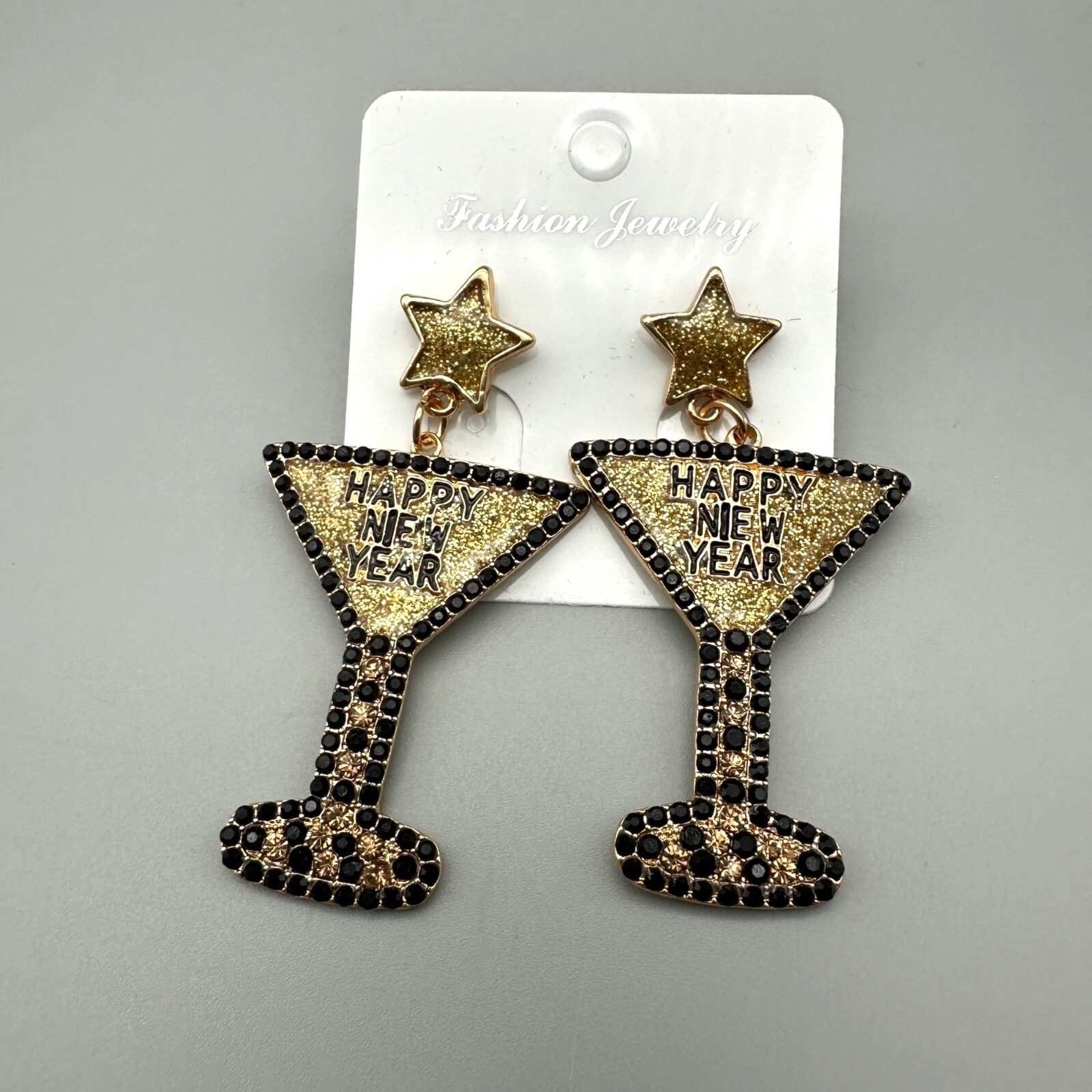 Glitter Martini Happy New Year Earrings Glass Star Dangle Holiday Black Gold NWT