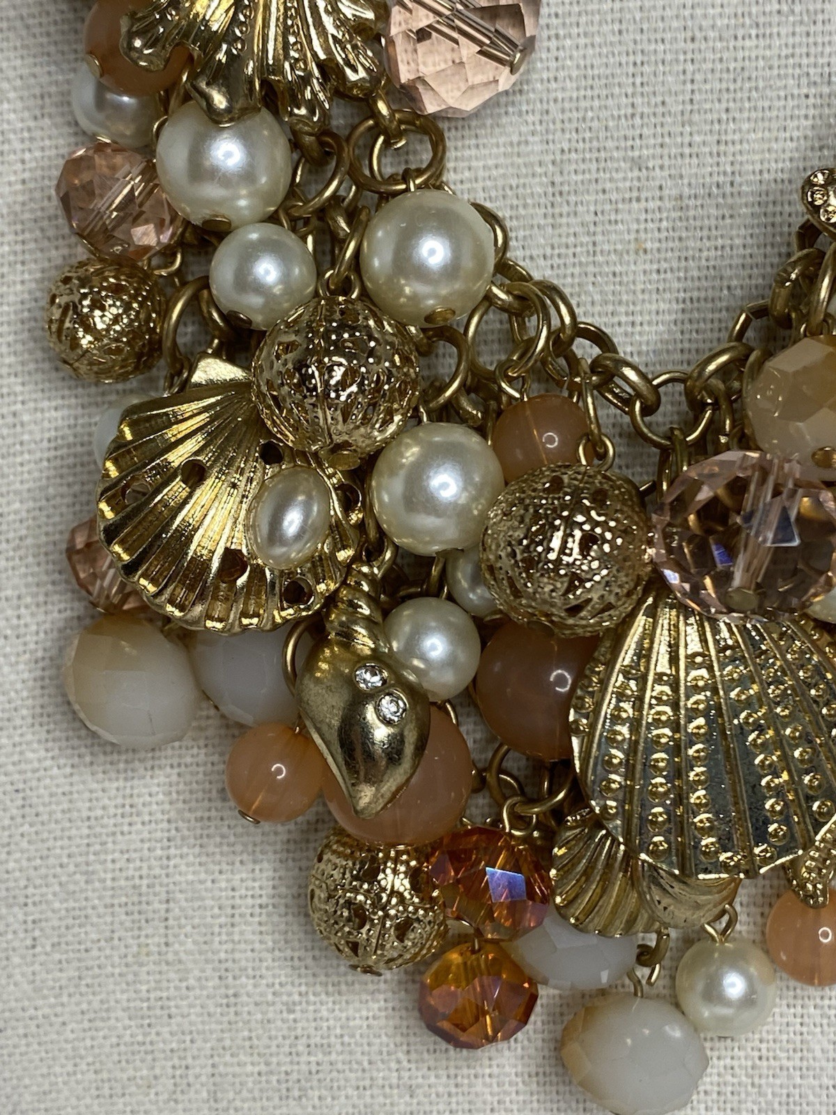 Coastal Statement Bib Necklace Shell Starfish Beaded Cha Cha Faux Pearls Charms
