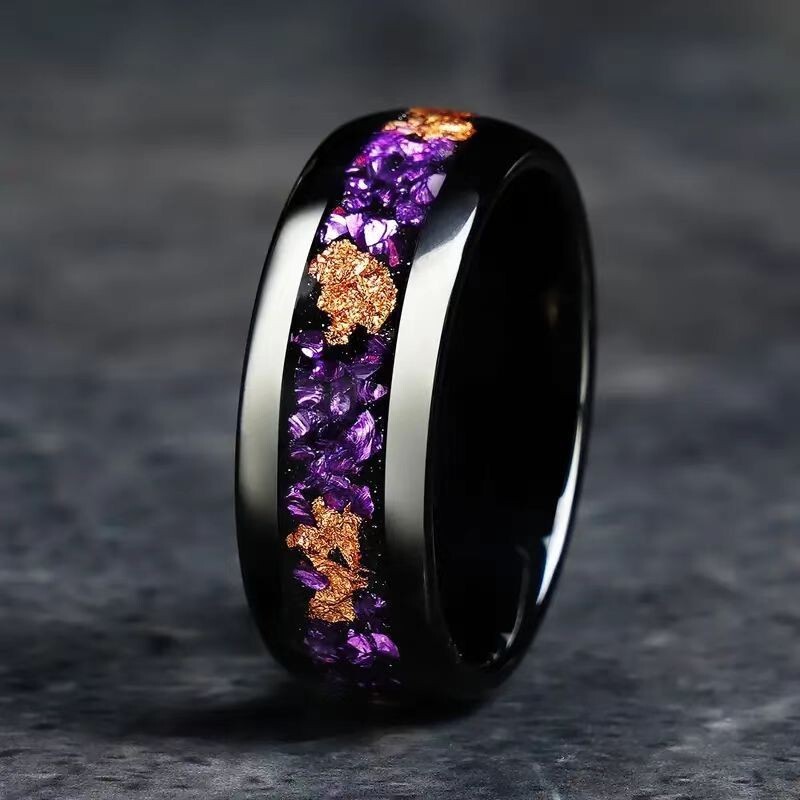 4&8MM Fashion Men Women Black Purple Gold Stainless Steel Band Ring Couple Ring