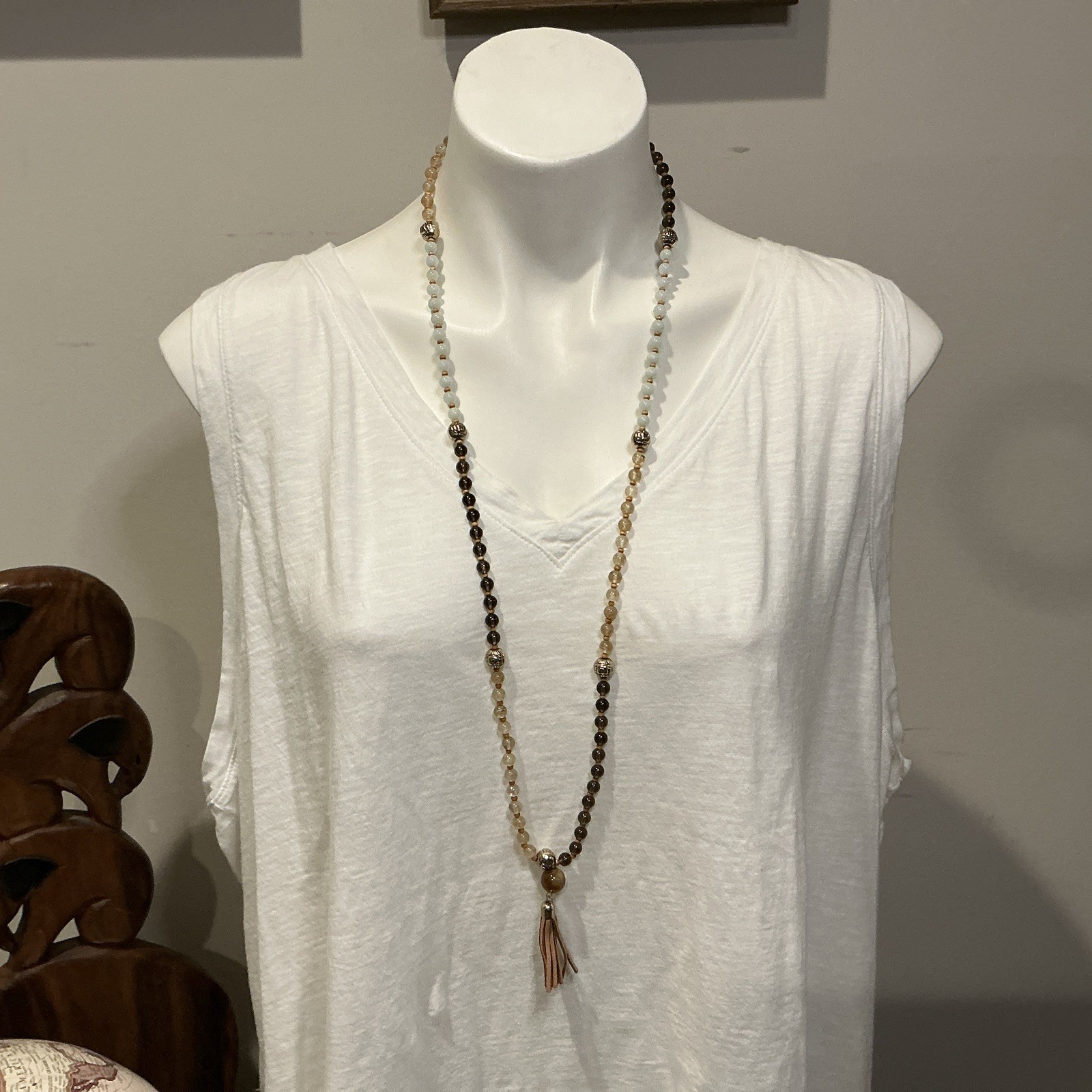 Marlyn Schiff Brown, Beige, Sage Natural Stone Necklace Faux Leather Tassel