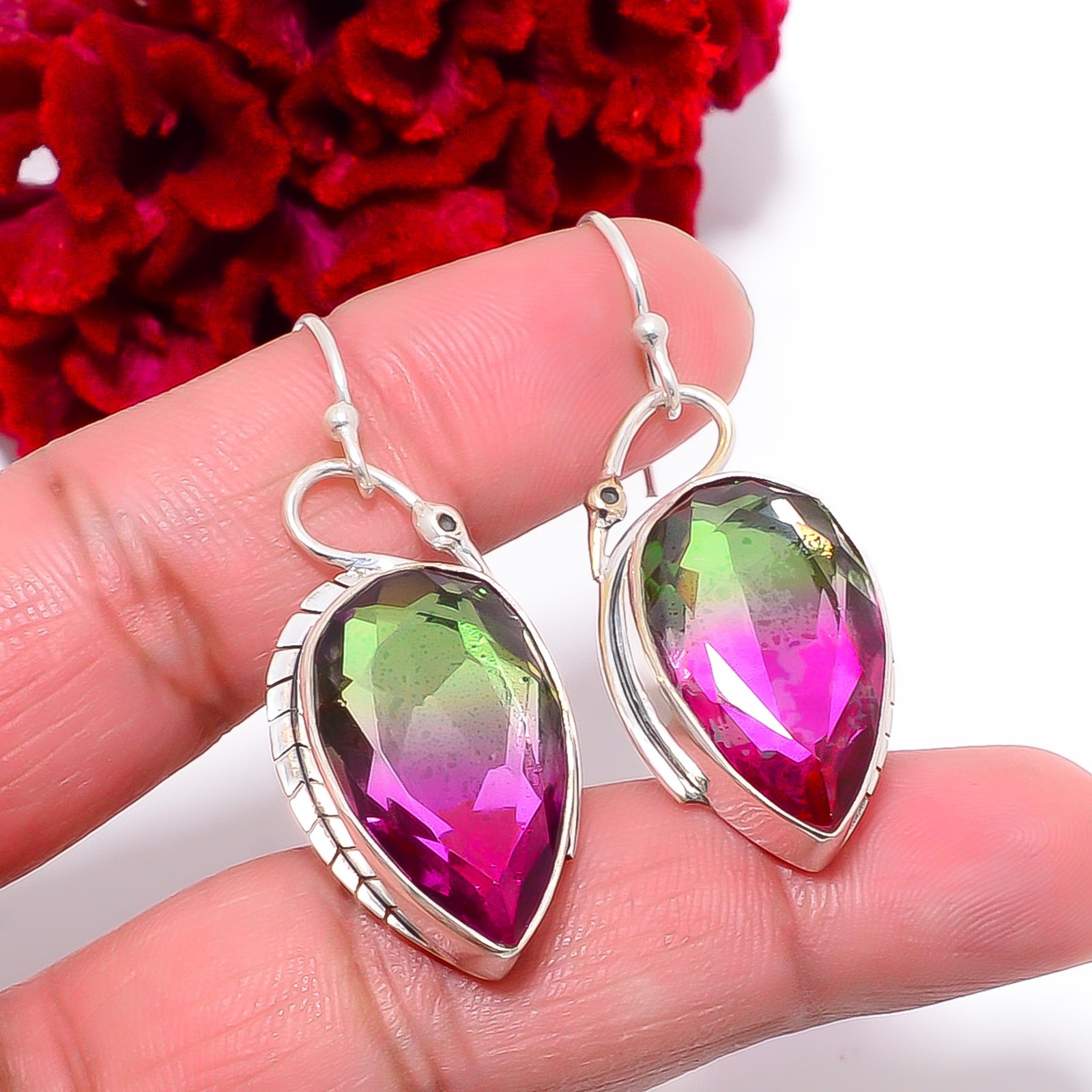 Bi-Colour Tourmaline Designer Handmade 925 Sterling Silver Earring 1.76″ E94536