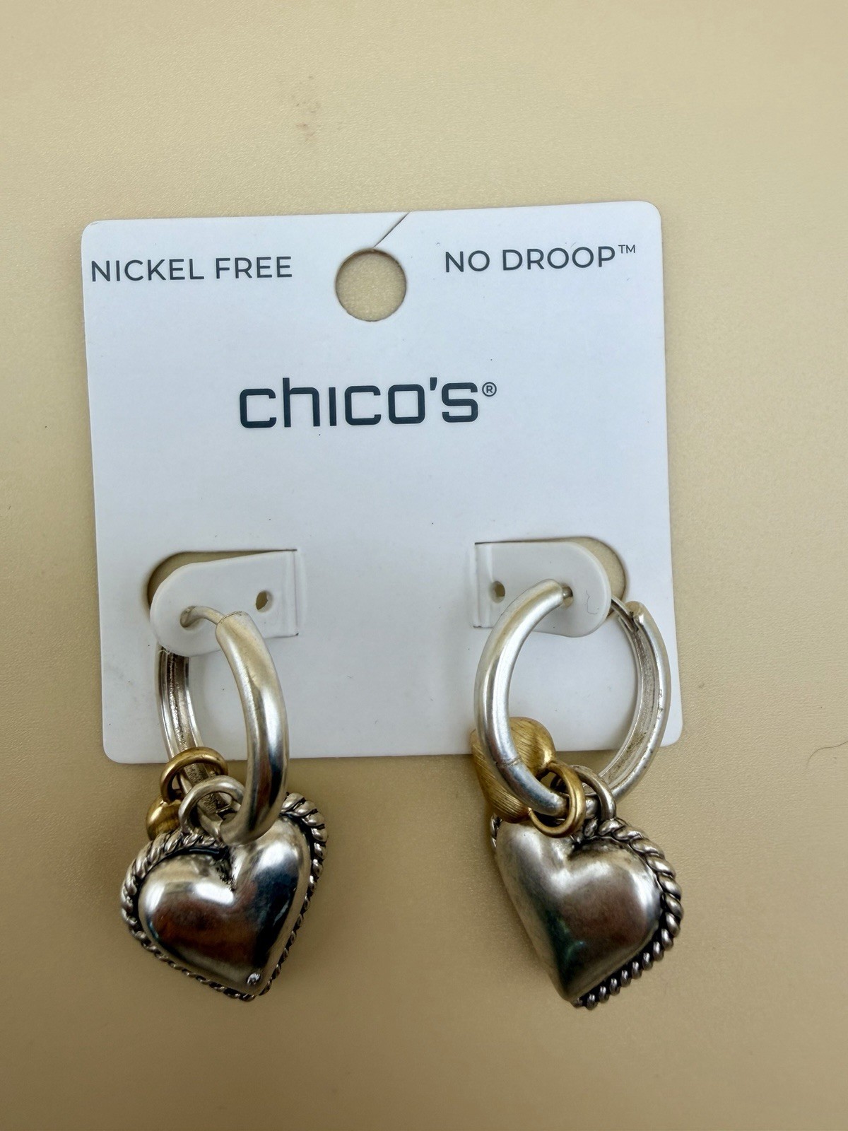 NEW Chicos V-Day Heart Charm Earrings, 1.5″, Mixed Metal, OS