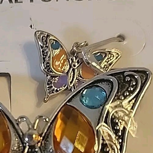 Butterfly Pin and Pierced Wired Earrings Set Silver-tone Multicolor Gems NEW