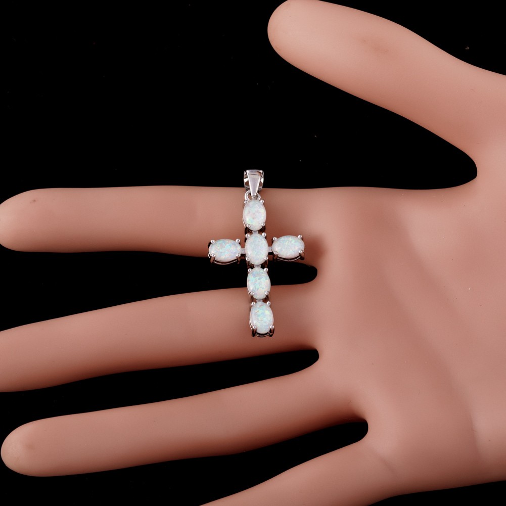 Latin Cross Oval White Fire Opal Cabochon Silver Jewelry Necklace Pendant