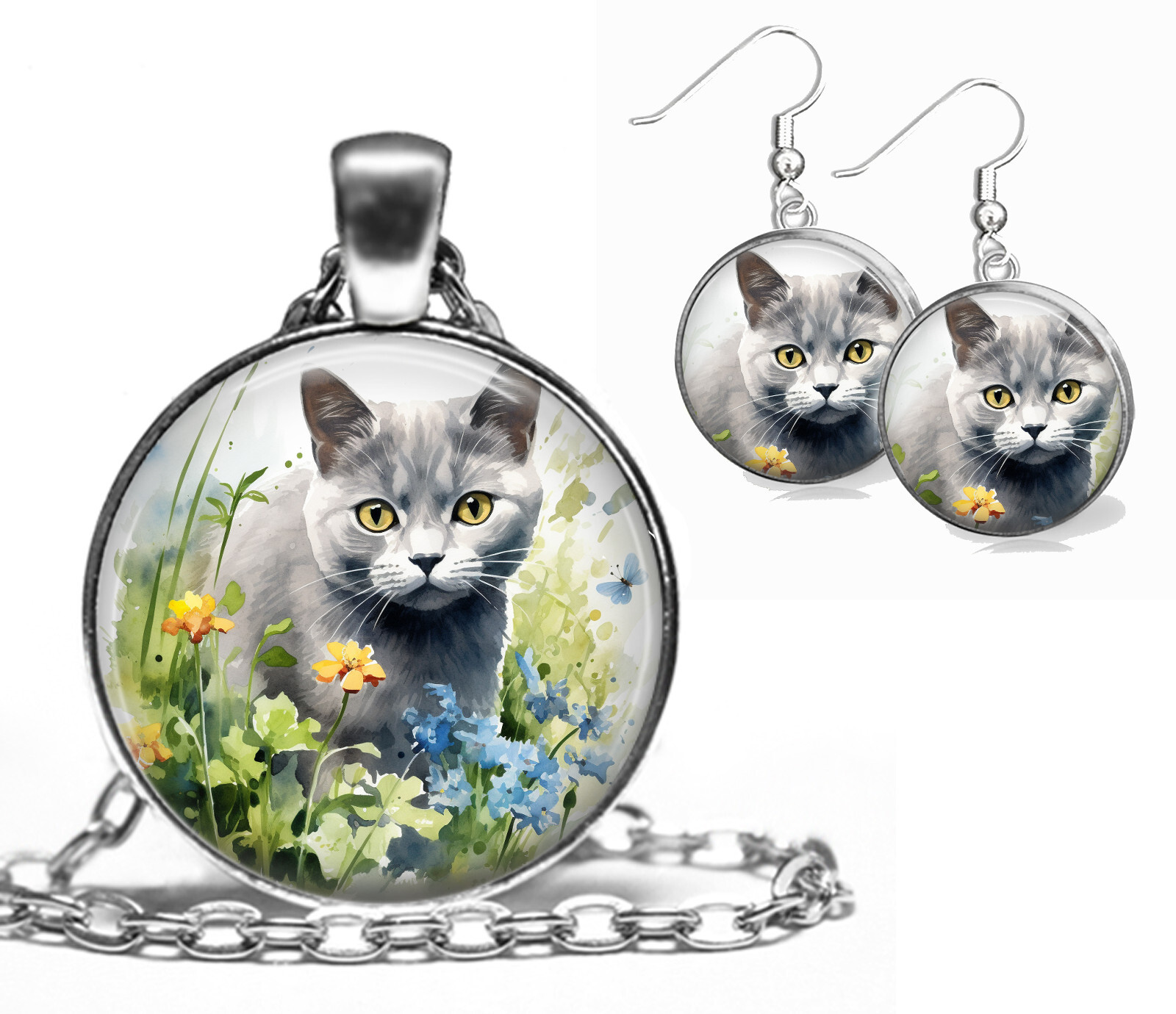 Russian Blue Cat Pendant Necklace & Earrings Set Russian Blue Cat Mom Gift