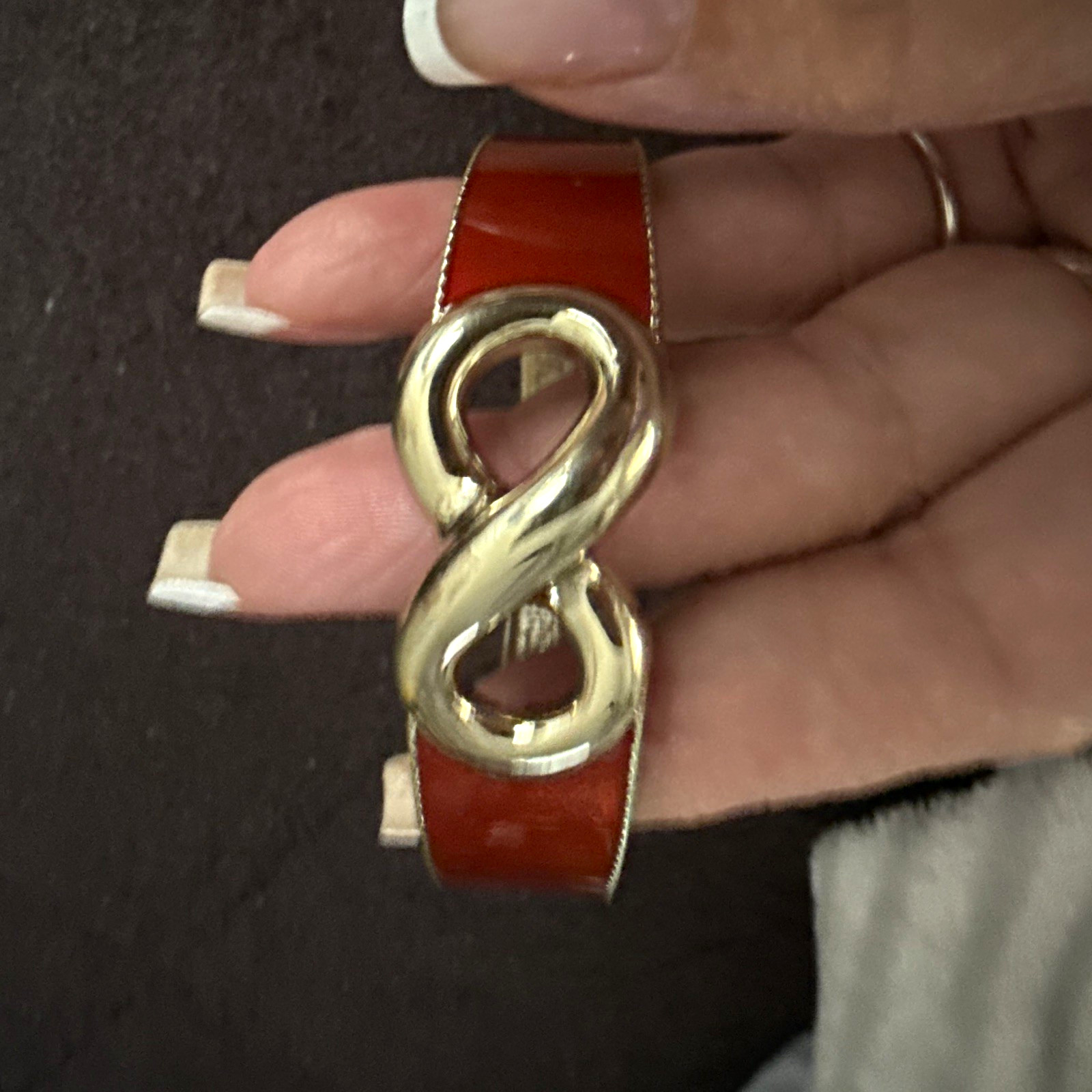 Red Enamel Gold Tone Infinity Hinged Bangle Cuff Bracelet Signed