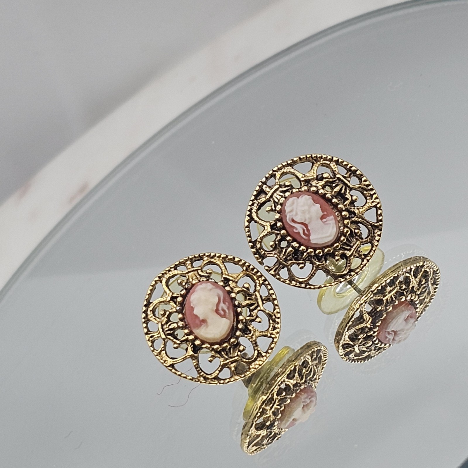 Vintage Cameo Earrings Gold Tone Filigree Round Stud Costume Jewelry