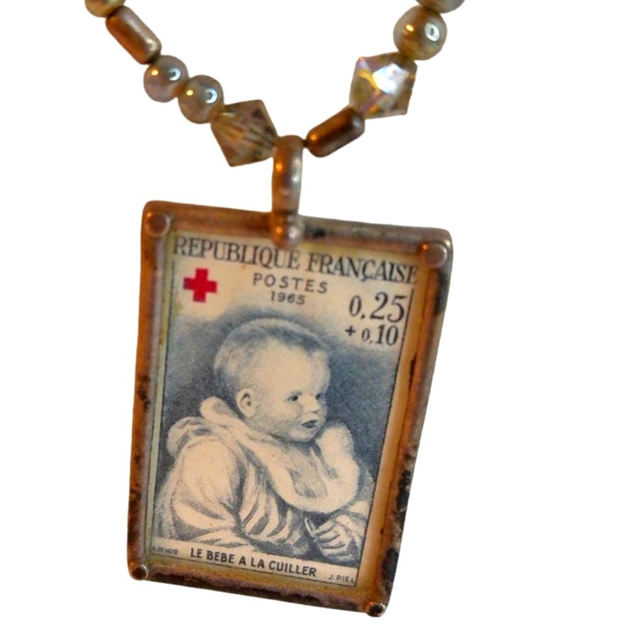 Vintage 925 Sterling Silver 1965 French Stamp Choker Renoir Baby with Spoon