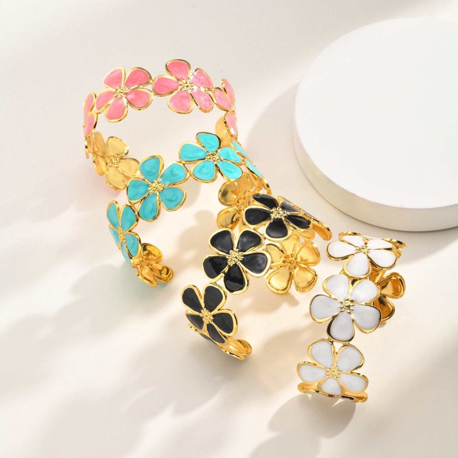 Stainless Steel Bracelet Enamel Flower Open Bangle Adjustable Classic Gift