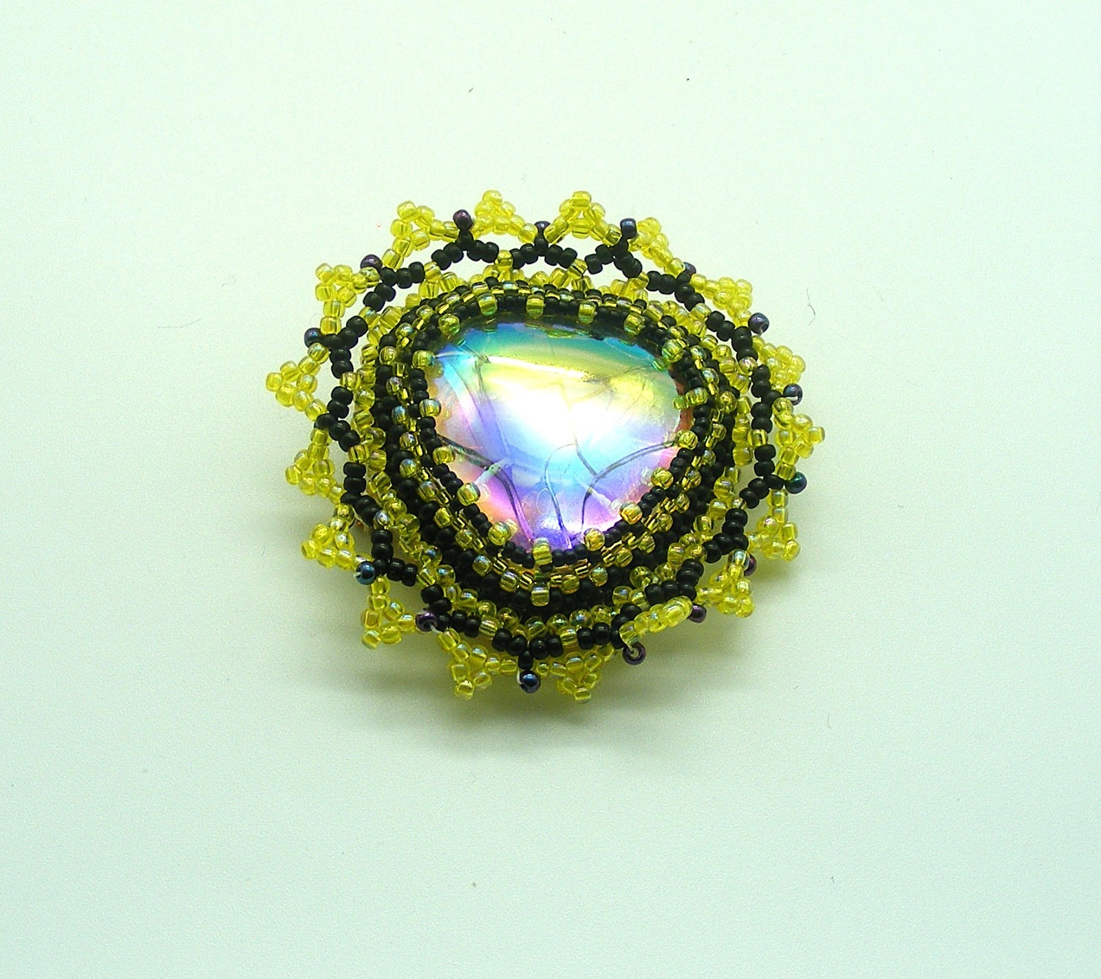 Ruffled Yellow and Black Pin or Pendant, No Chain, Luminous Middle Stone