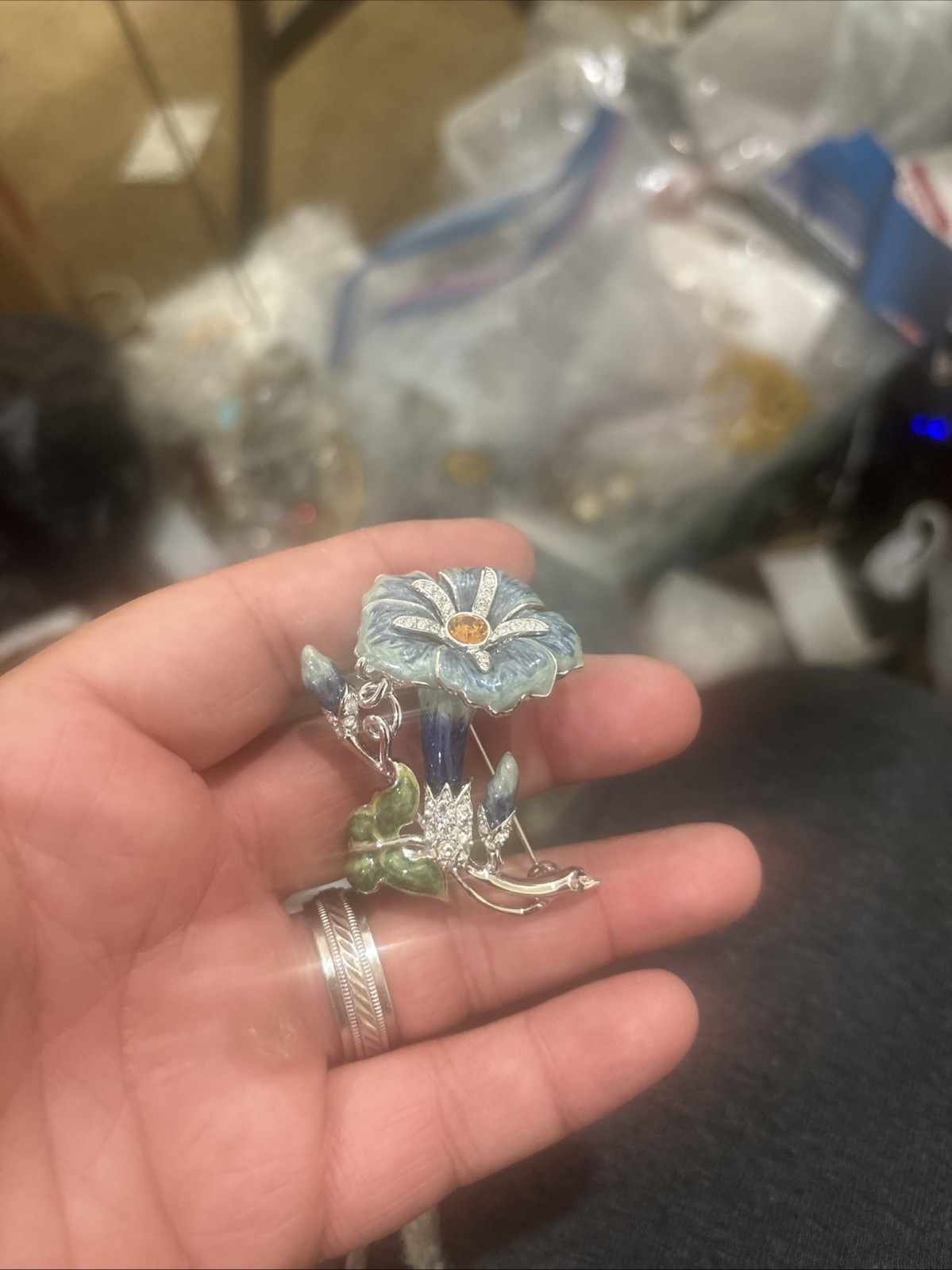 Stunning Nolan Miller Morning Glory Blue Enamel Flower BROOCH SWAROVSKI CRYSTALS