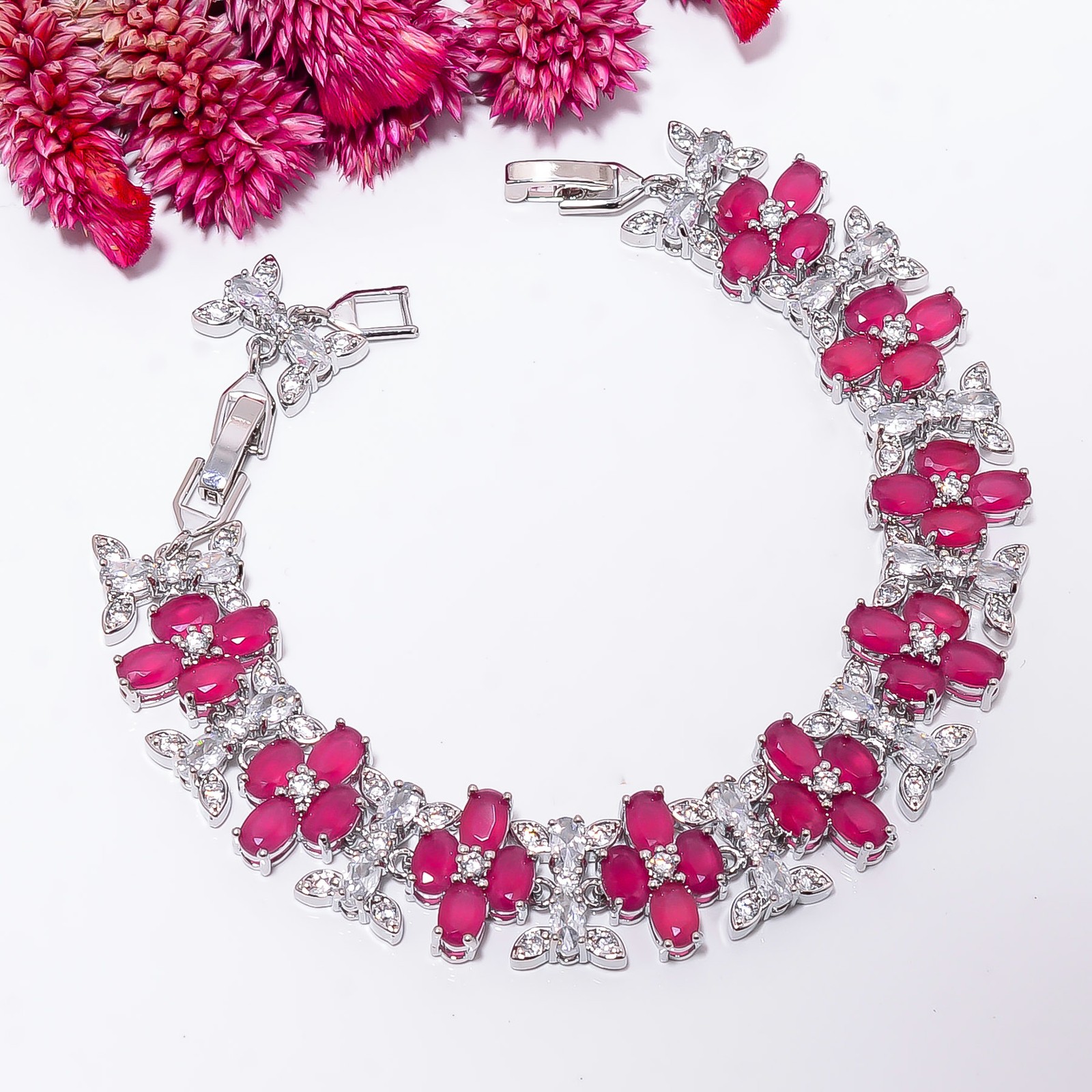 Ruby – Simulated, CZ 925 Sterling Silver Adjustable Bracelet 7-8″ B13091