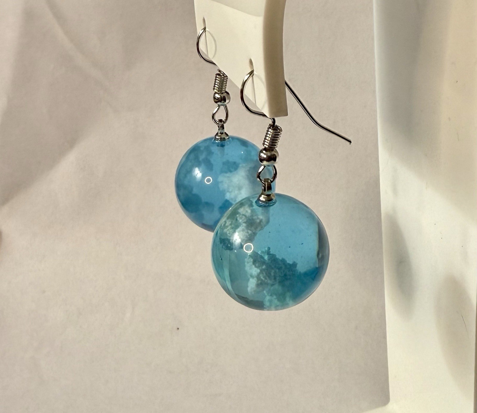 Lucite Blue Sky White Cloud Drop Dangle Pierced Earrings