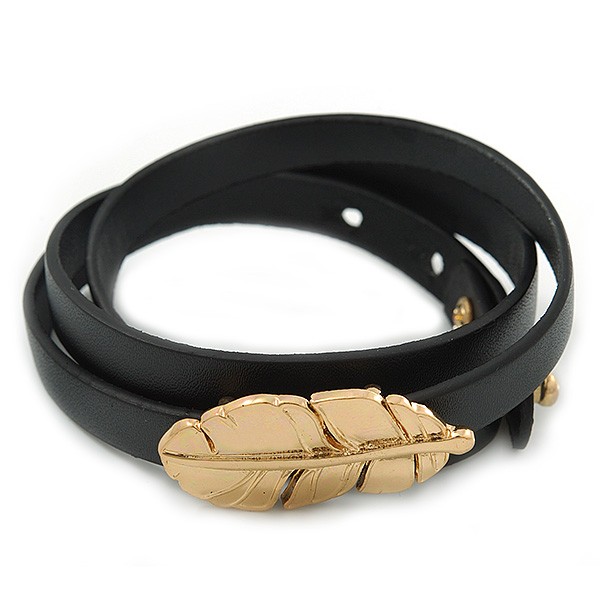 Black Leather Feather Wrap Bracelet (Gold Tone) – Adjustable – One size fits all