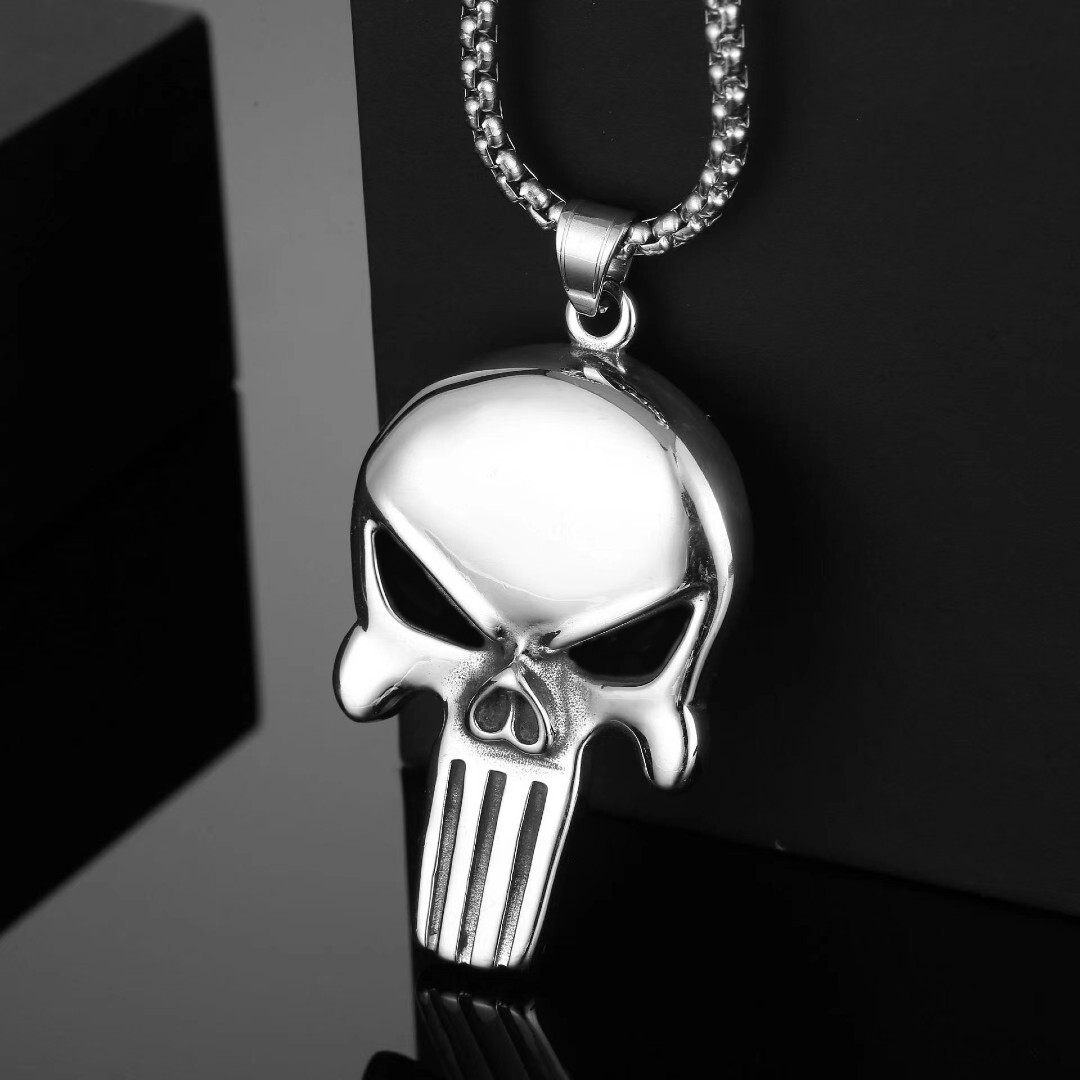 Men’s Silver Punisher Skull Pendant Necklace Gothic Punk Retro Rock Jewelry 24″