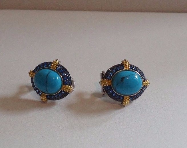 925 STERLING SILVER OVAL FRENCH CLIP EARRINGS W/ 3CT LAB TURQUOISE & TANZANITE