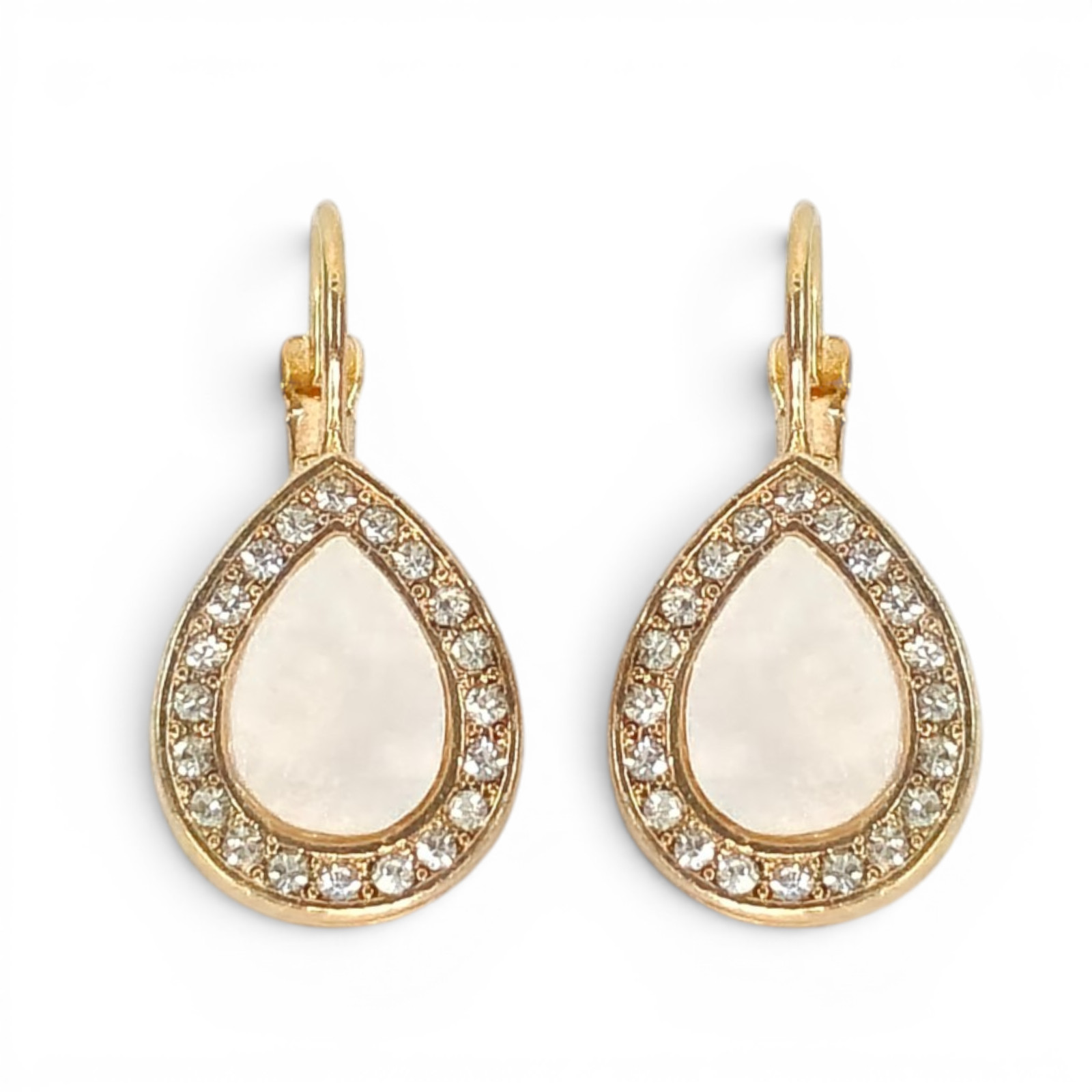 Gold Pear Shape Teardrop Leverback Earrings with Faux Pearl Inlay & Crystal Halo