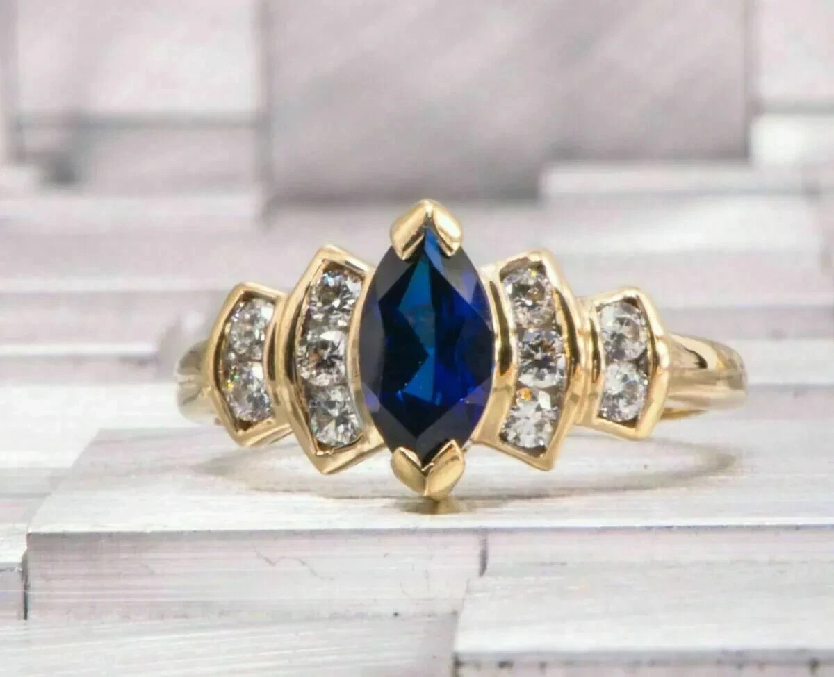 2.50Ct Marquise Sapphire & Diamond Vintage Wedding Ring 14k Yellow Gold Plated