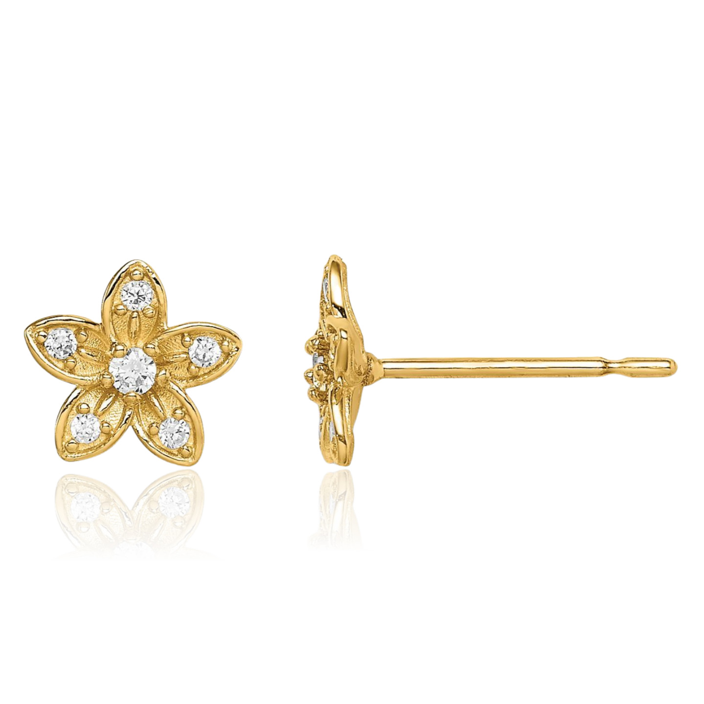 14K Solid Yellow Gold Cubic Zirconia Medium Flower Stud Earrings 6.8mm 1/4 inch