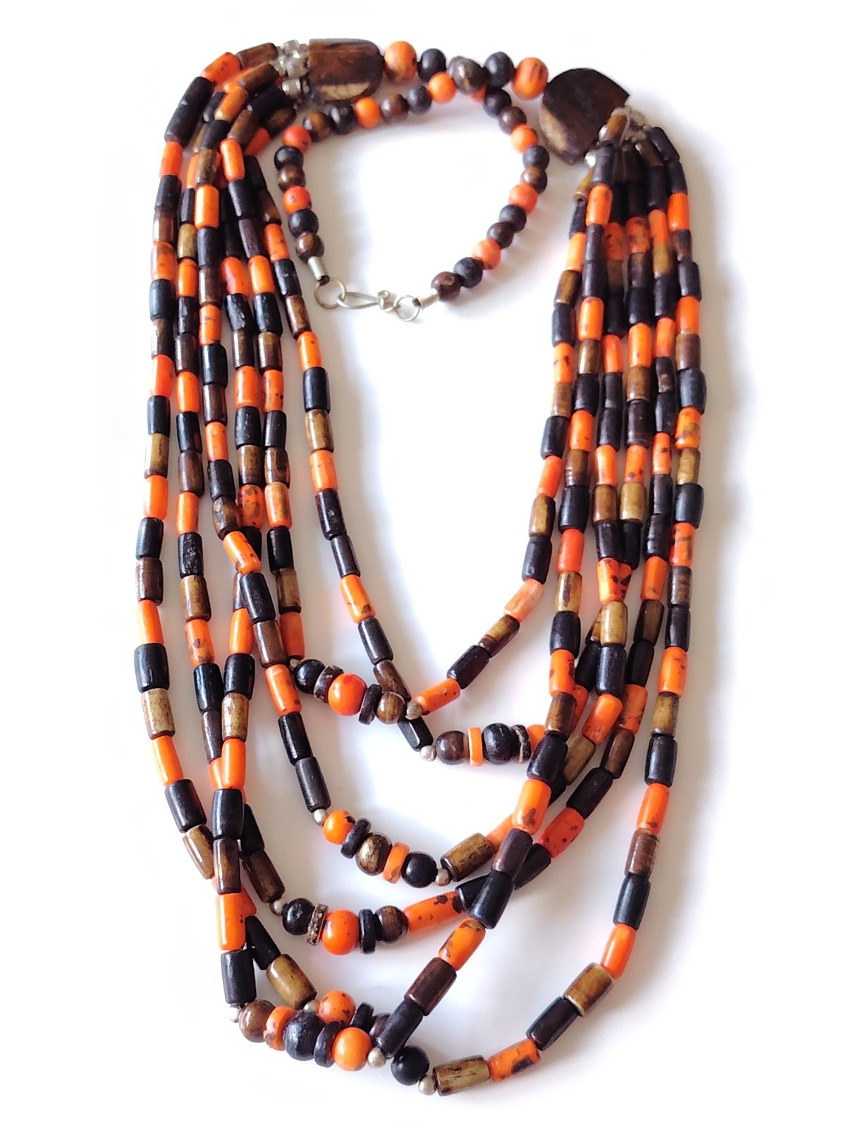 Vintage Camel Bone Necklace Brown Orange Bead Waterfall Layered Boho Statement