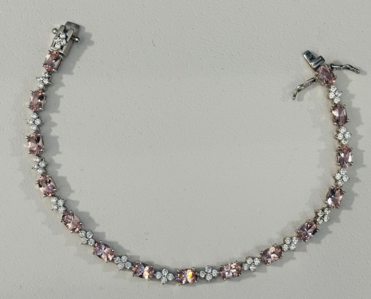 925 Sterling Silver Bracelet Oval Pink Ice & Round Clear Cubic Zirconia 7.5″