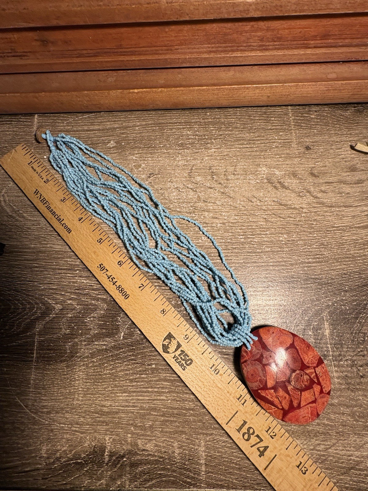 Vintage Blue Seed Bead Multi Strand Necklace Red Coral Chip Composite Pendant G8