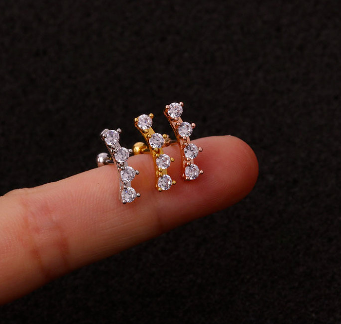 4 Stones Zirconia Gold Silver Cartilage Helix Lobe Tragus Conch 16G Earrings