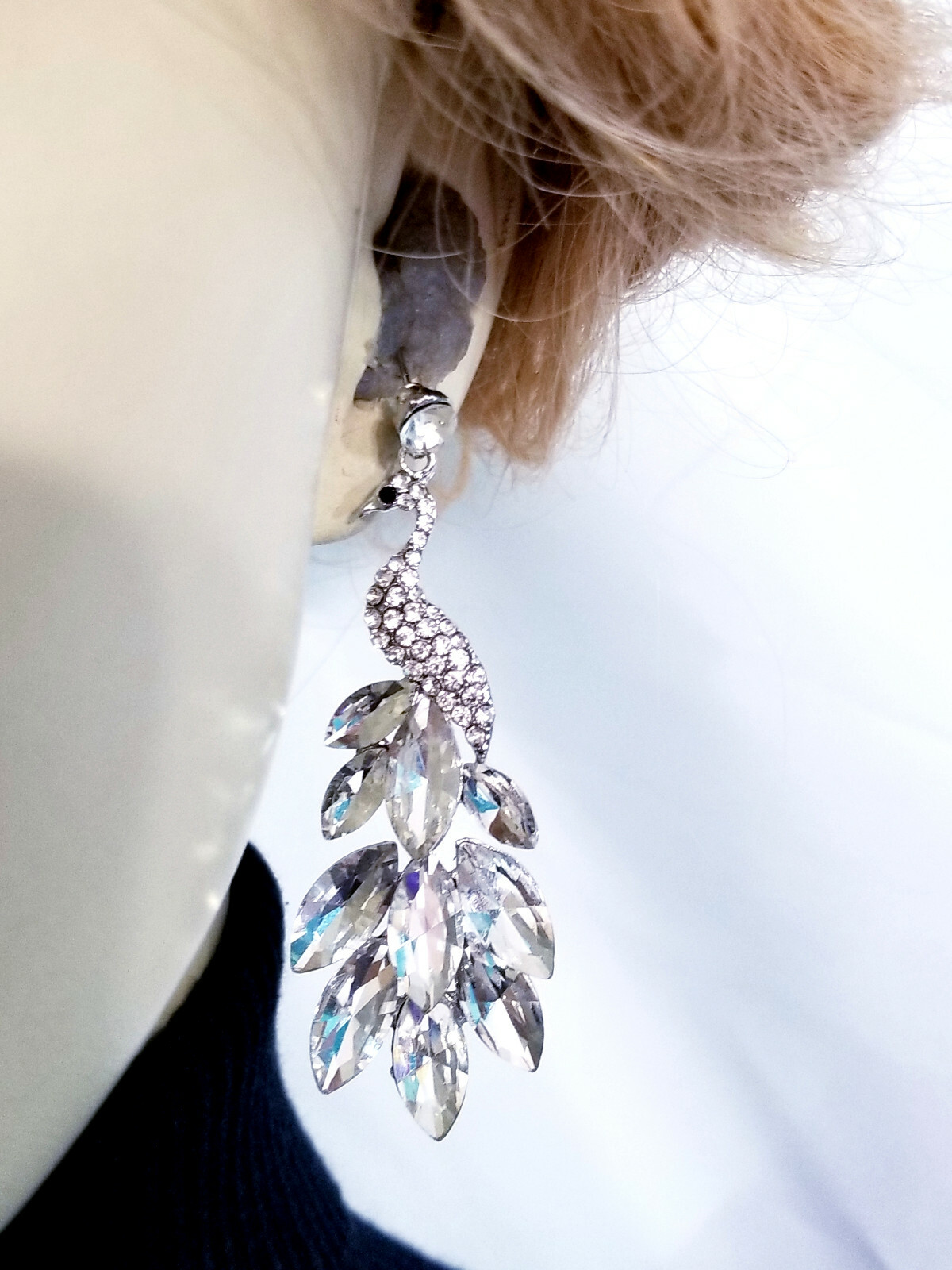 Peacock Drop Earrings Rhinestone Chandelier 2.9 inch Clear