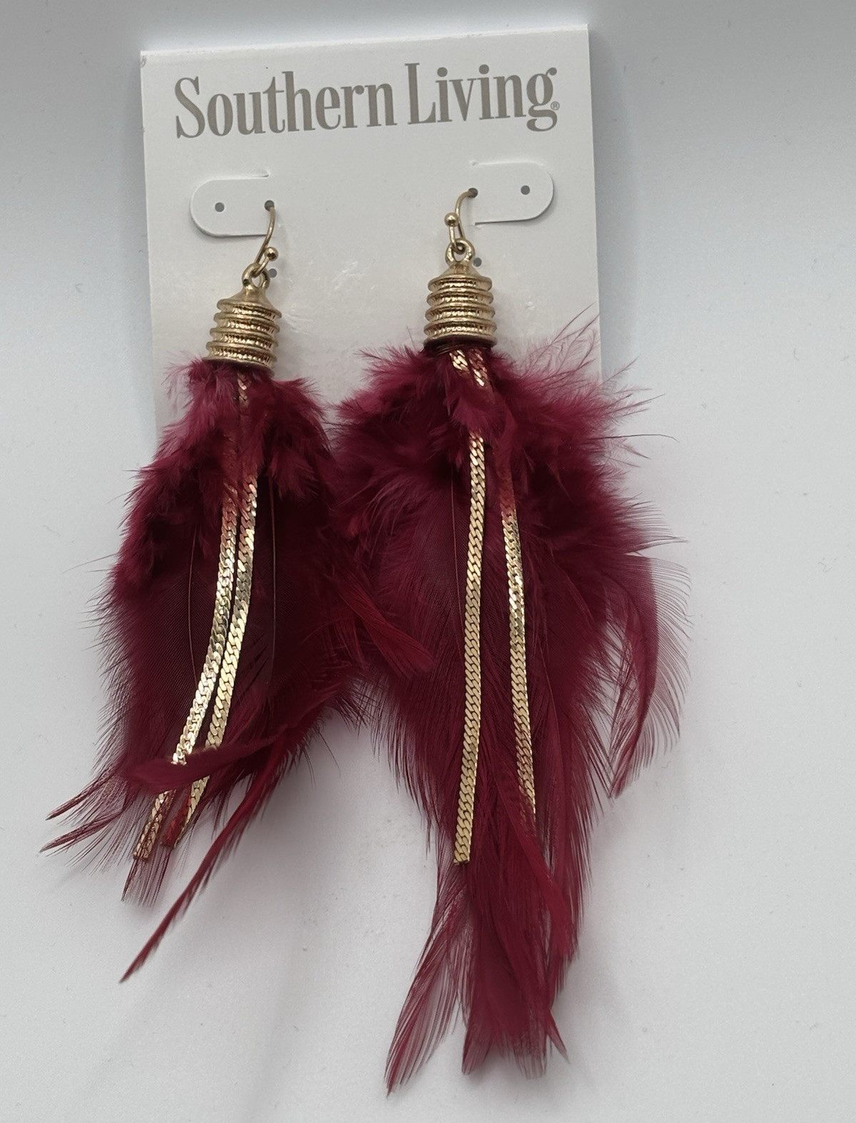 Southern Living Burgundy Feather Tassel Dangle Earrings Hook Closure 6 in Lobe