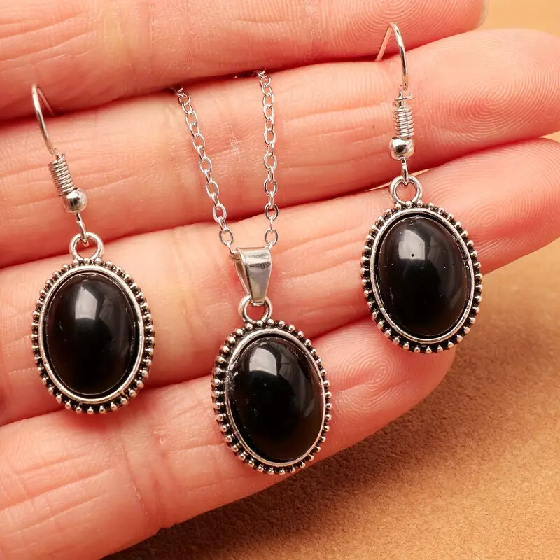 Oval Black Synthetic Gemstone Jewelry Set Necklace Earrings