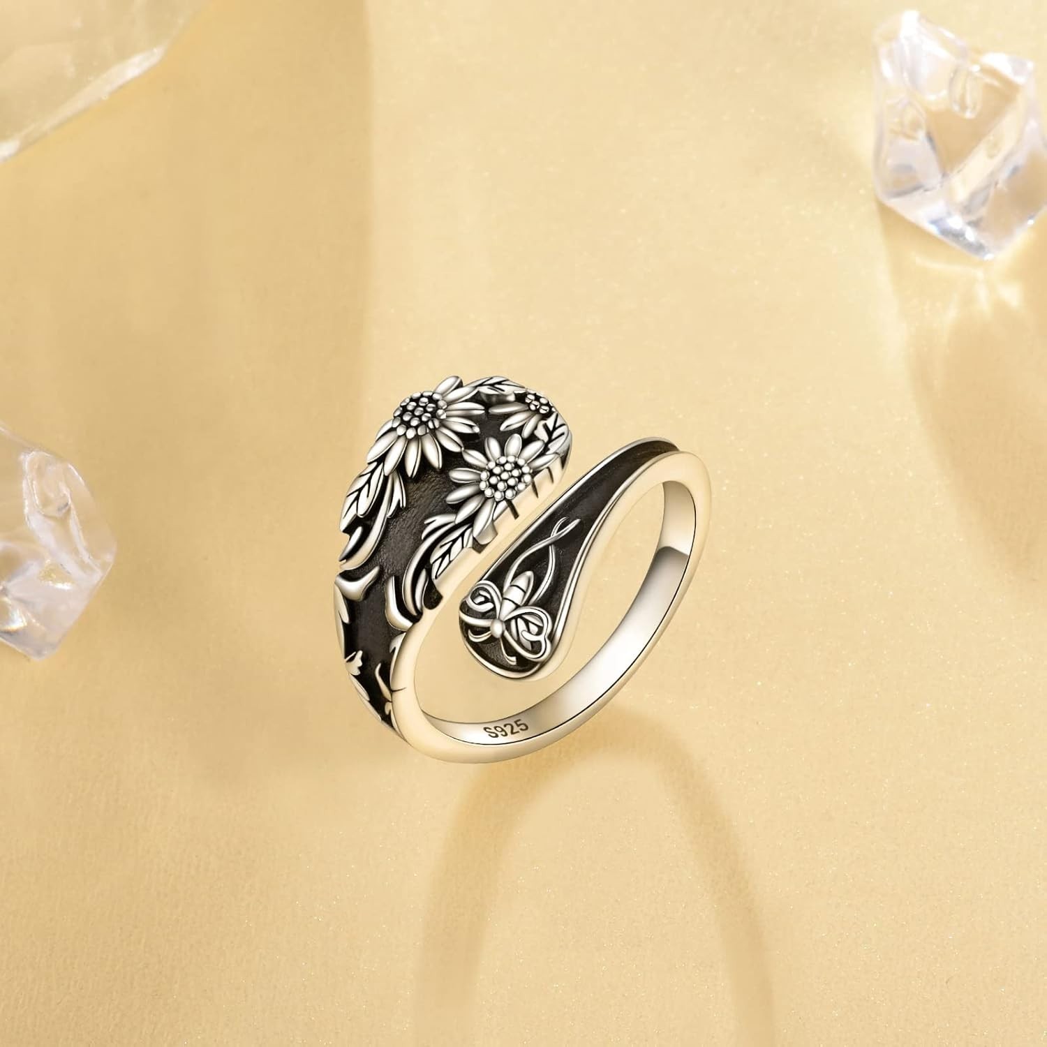 Boho Sunflower and Bee Spoon Ring – Hypoallergenic Adjustable Silver Jewelry
