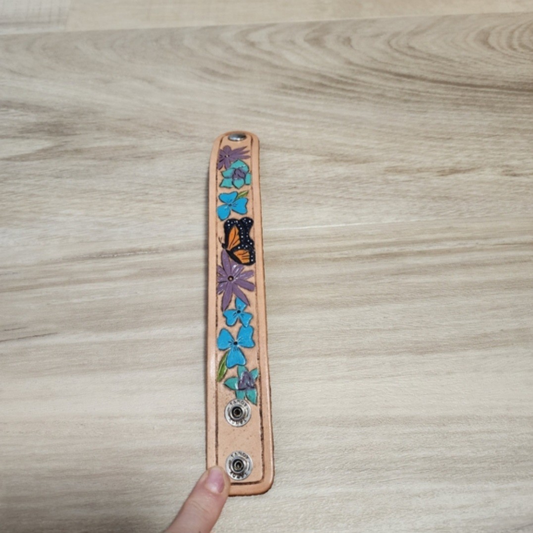 Handcrafted Tooled Leather Bracelet Butterfly Floral Painted Boho Cuff Boho Wrap