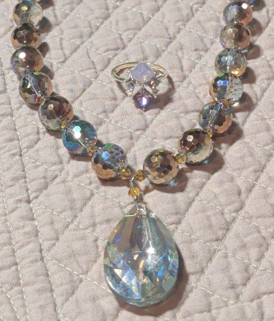Set Of 2- Gold Cocktail Ring Size 8 + Iridescent Crystal 19″ Teardrop Necklace