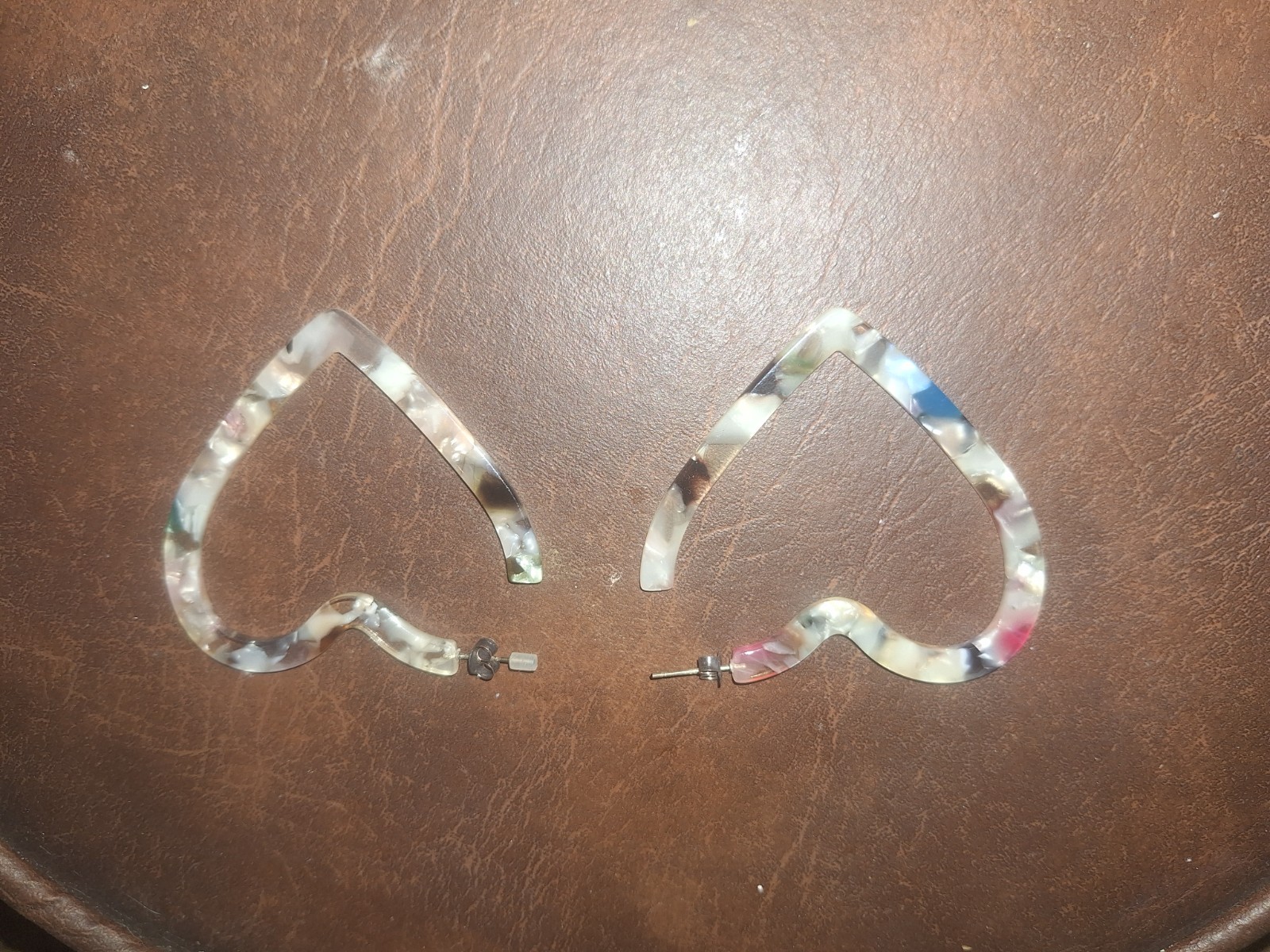 Open Heart Large Multicolor Tortoiseshell Pattern Resin Pierced Hoop Earrings