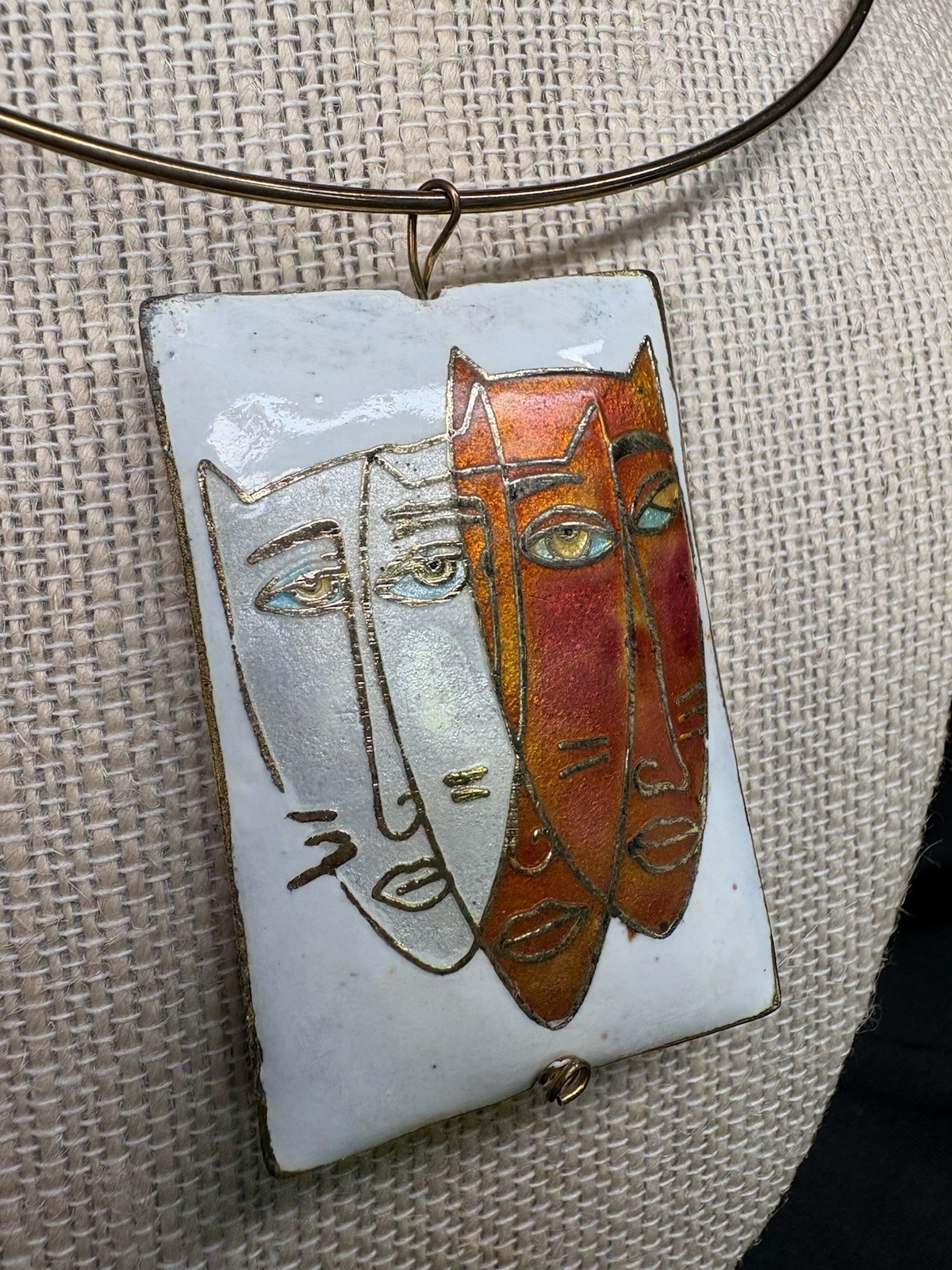 Artisan Copper Enamel Abstract Faces Pendant Necklace Picasso Style TorqueCollar
