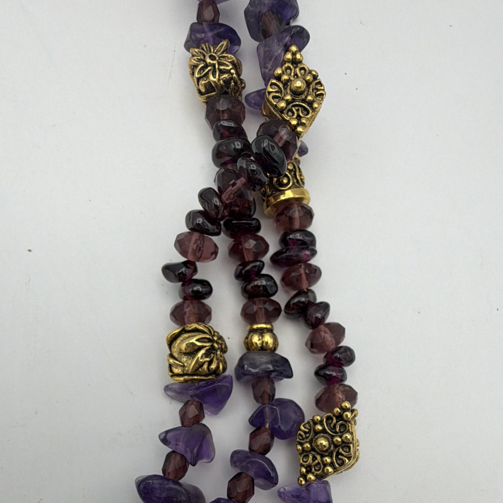 Multi-Strand Layered Beaded Necklace Amethyst Garnet Purple Gold 18” Hook