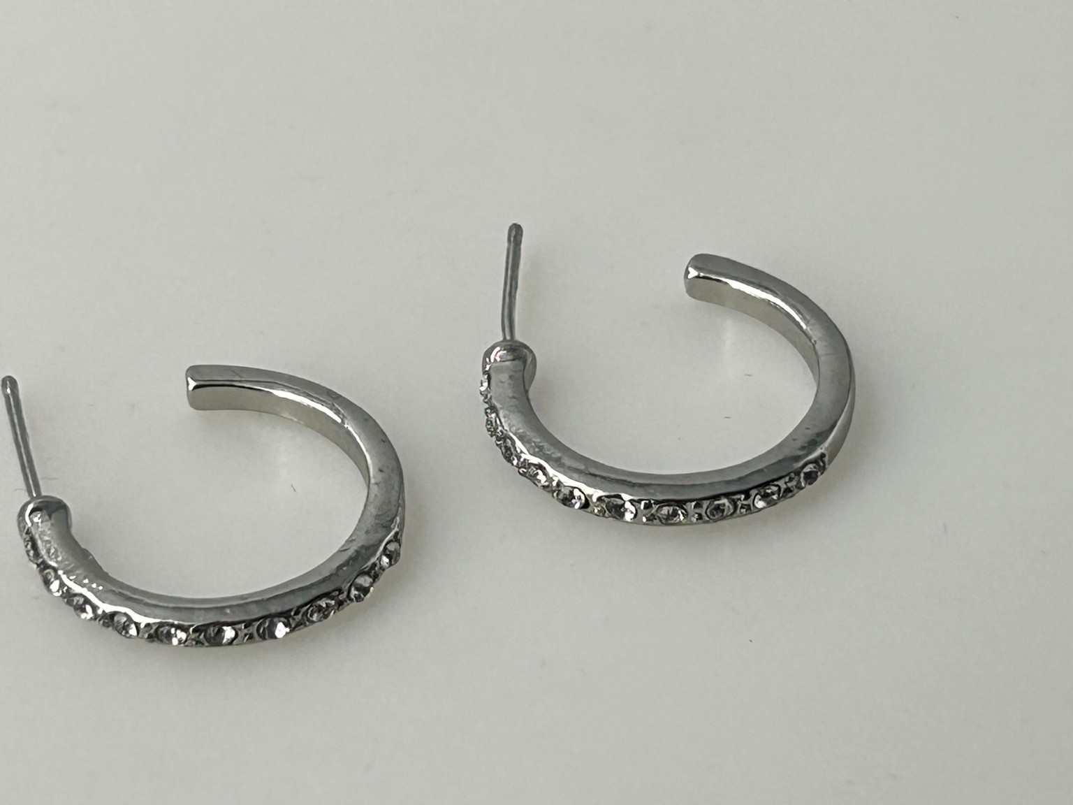 Silver Tone Rhinestone Pave Small Open Hoop Stud Earrings