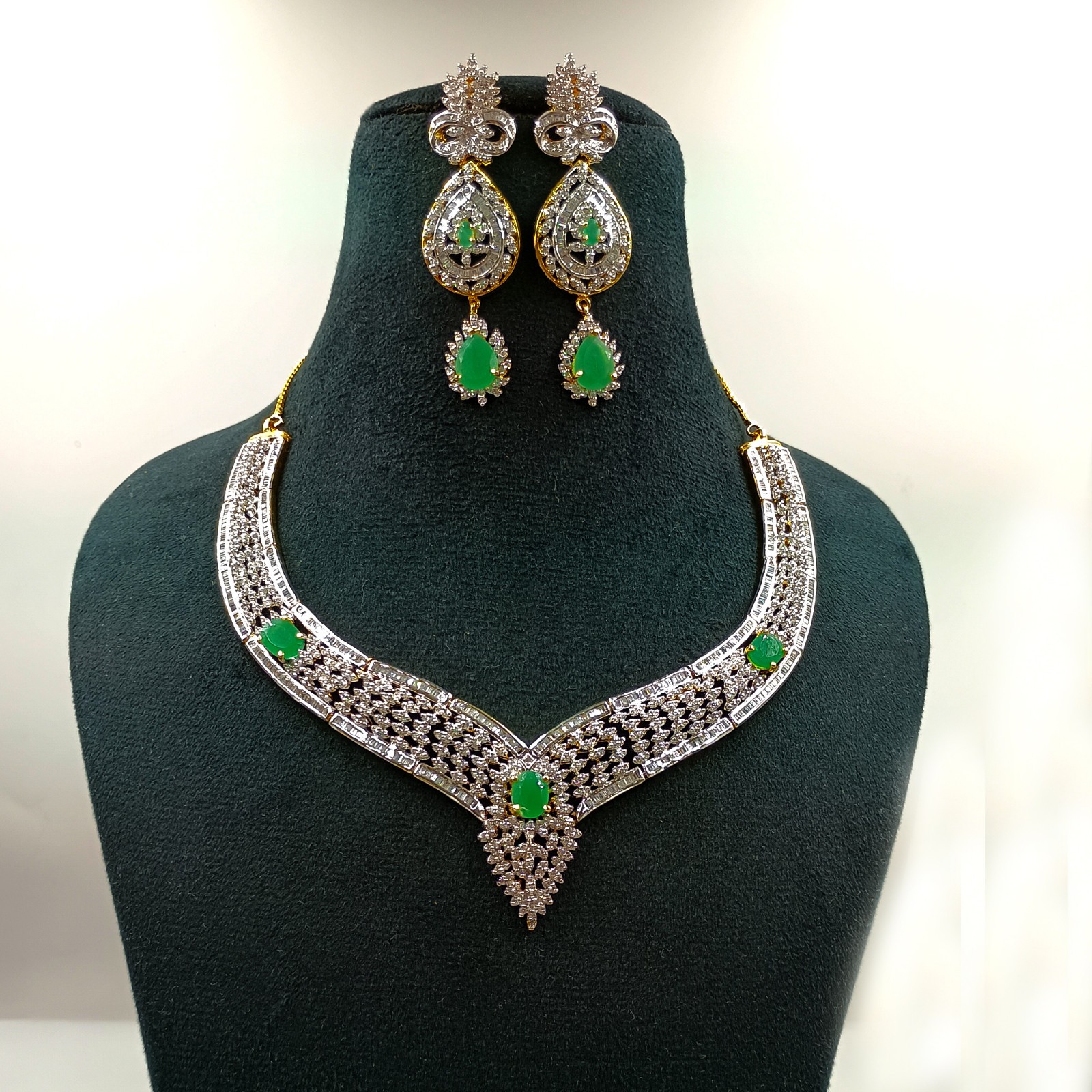 Emerald CZ Diamond Choker Necklace Set 22k Gold Plated South Indian Handmade