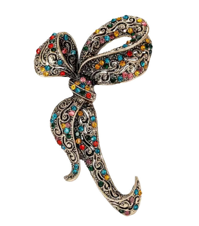 Luxury Filigree Bow Brooch Pin Colorful Rhinestone Gold Statement Jewelry Gift
