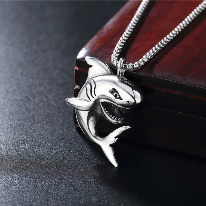 Summer Beach Surfer Shark Pendant Necklace Jewelry Stainless Steel