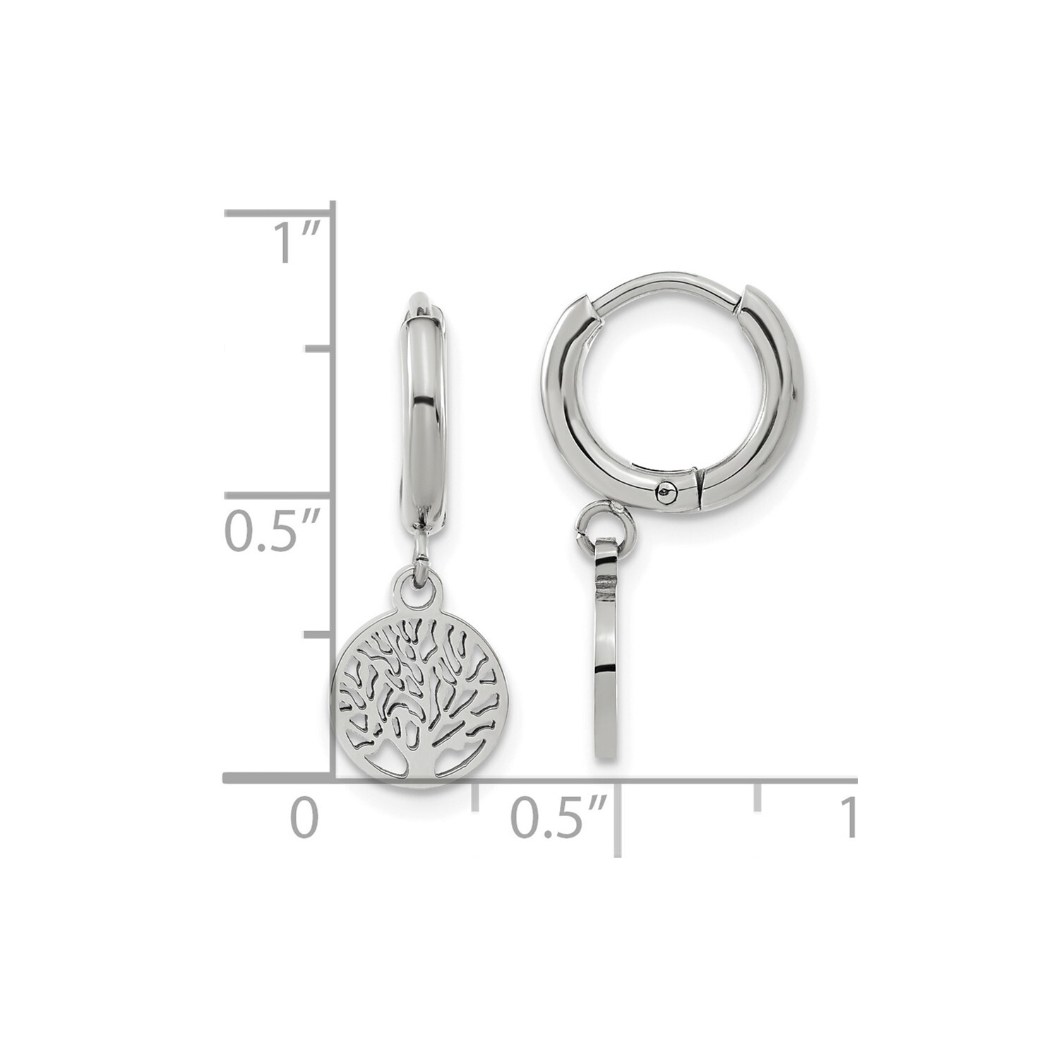 Stainless Steel High Polished Cut Out Tree of Life Dangler Hinged Hoop Earrings