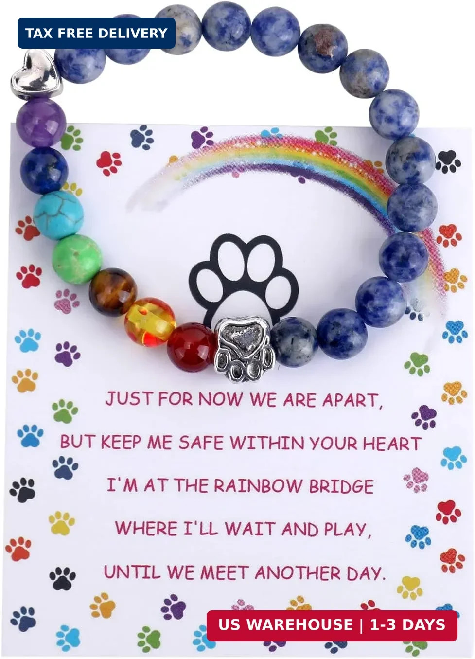 Pet Memorial Gifts, Rainbow Bridge Bracelet for Beloved Dog Cat, 8MM Mixed Color