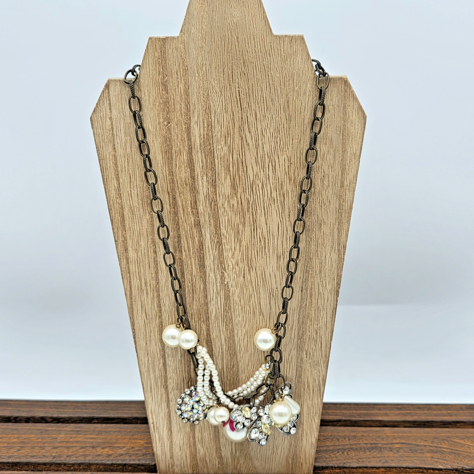 Plunder Antique Bronze Necklace Pearl Wrap & Crystal Butterfly Charms 20”